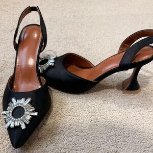 Black  satin Slingback Crystal Embellished Pointed Toe Heels size 9 3 inch heel